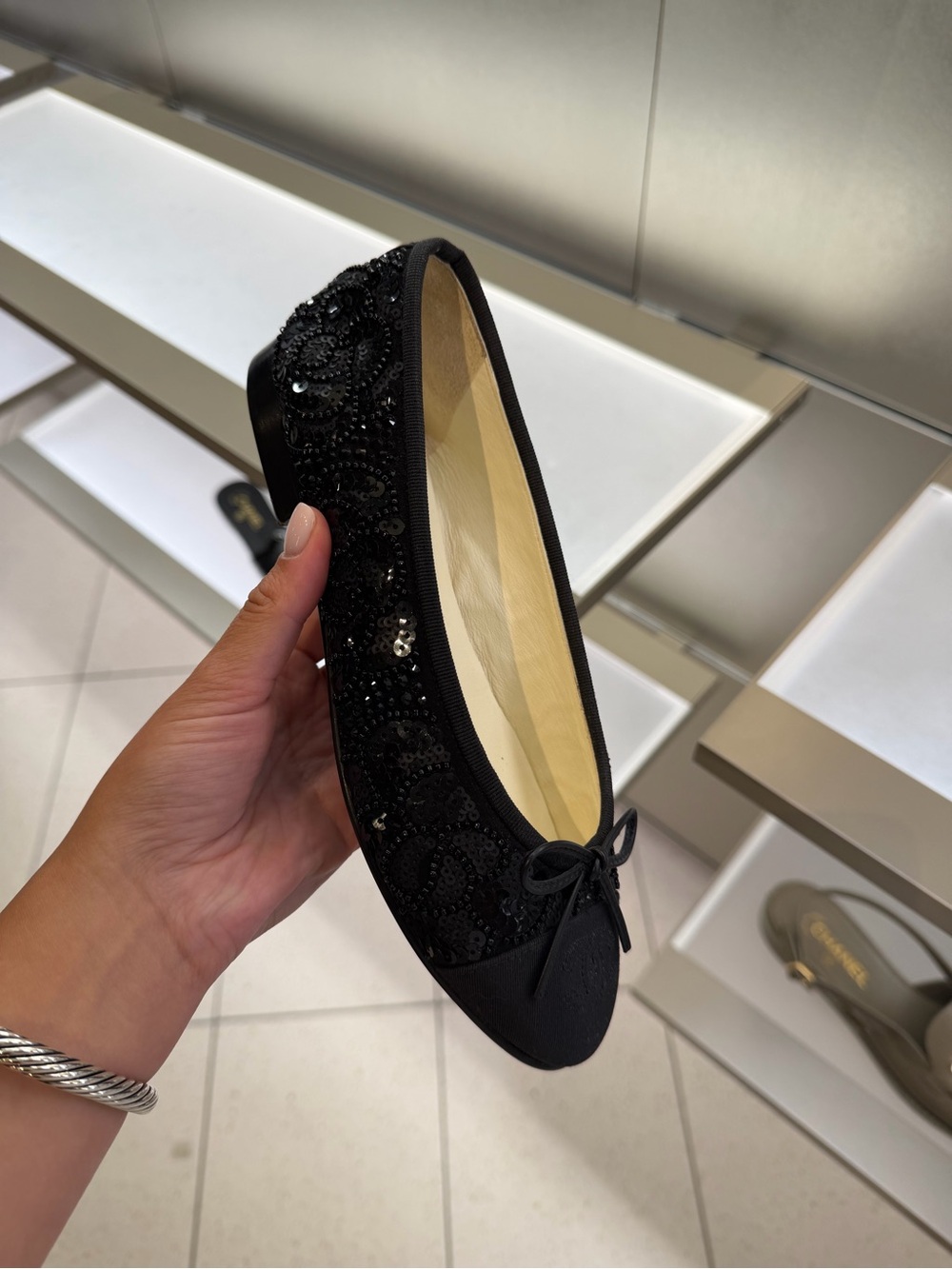 Chanel black sequin rose pattern ballet flat